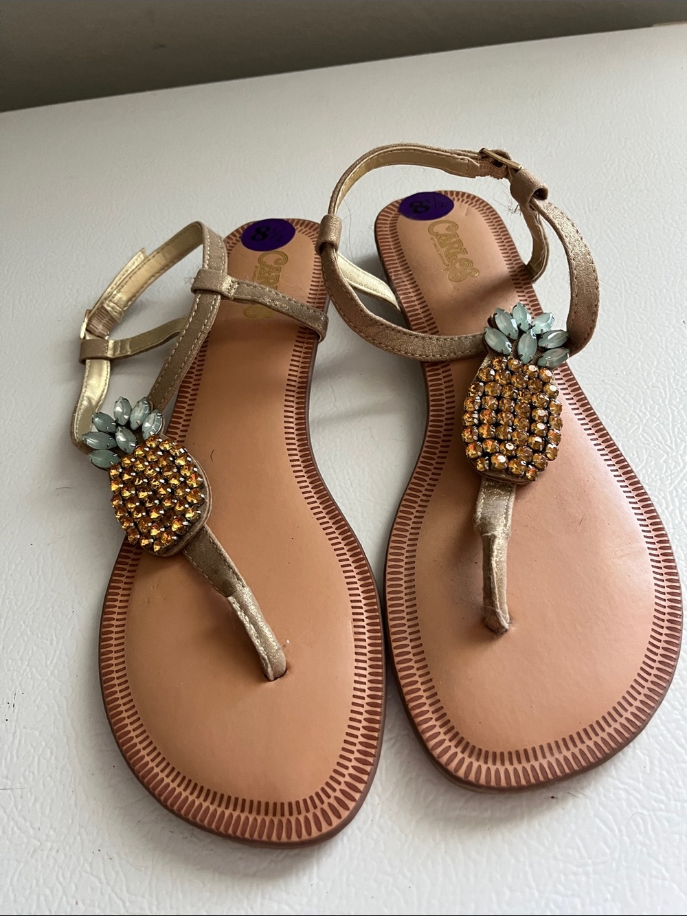 Carlos by Carlos Santana Gold Pineapple Jewel T-Strap Sandals